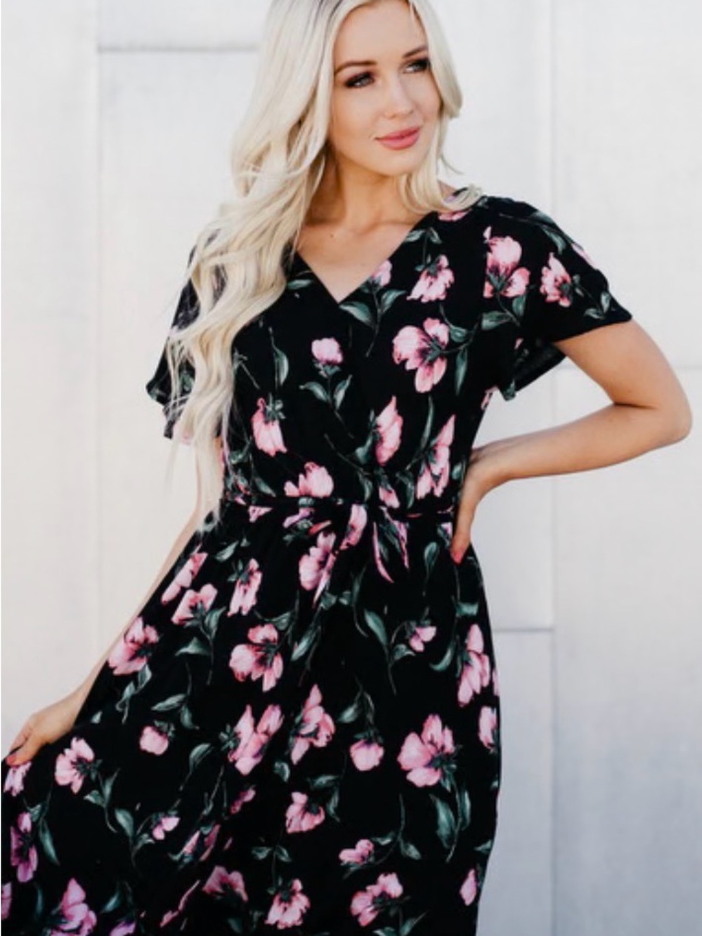 Floral V-Neck Black Faux Wrap Dress with Pink Bloom Print
